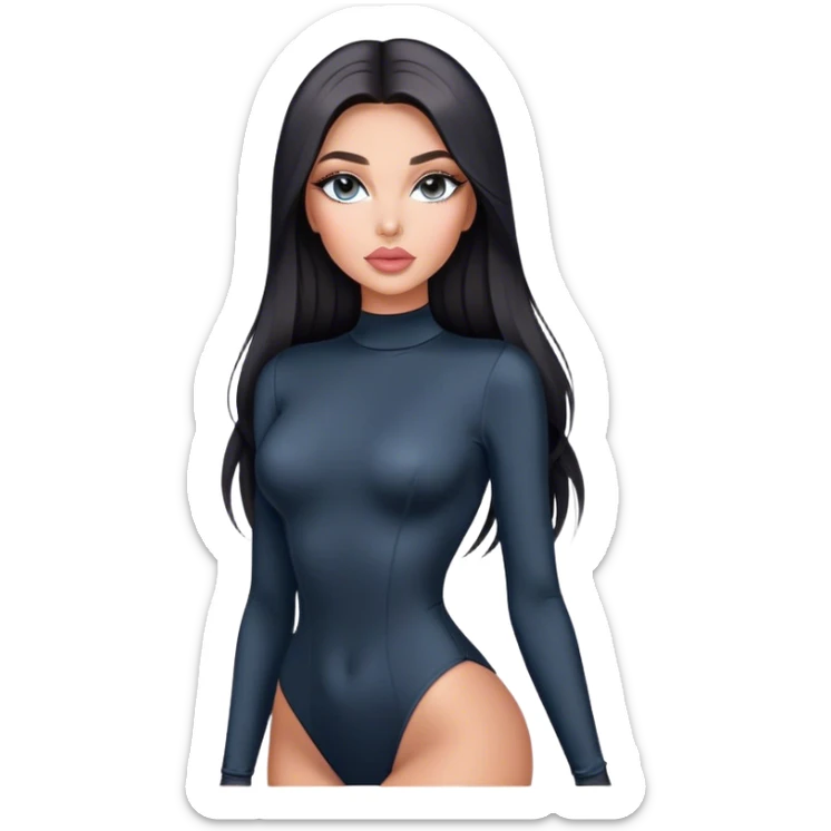 Glamours, tanned, very beautiful girl, with big pump peach-beige-rose lips, long long lashes, black straight smooth silky long hair, straight parting hair, blue-grey eyes in black long-sleeves bodysuit sticker