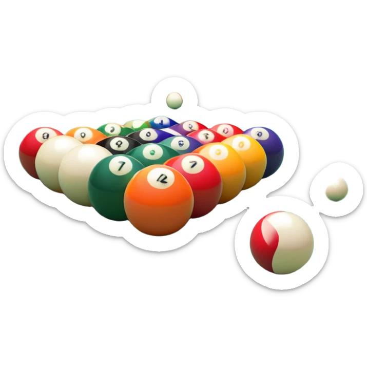 A close-up of a billiard table with a cue stick lined up to strike a colorful set of balls. The focus is on the precision of the shot, with the table’s green surface and the triangular arrangement of balls, creating a dynamic scene of strategy and concentration in the game of billiards. sticker