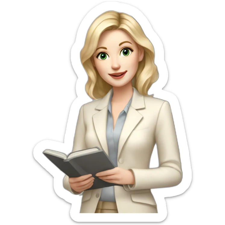 pale skin woman interior designer with cold blonde middle length hair, gray eyes, White classical jacket, beige blouse, Gray skirt holding a color palette in the hands sticker