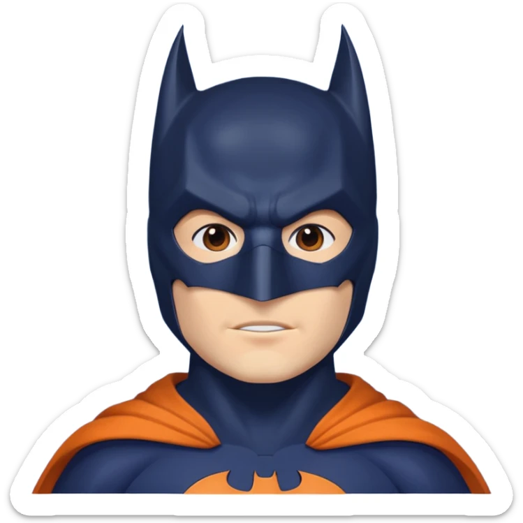 generate a batman emoji with just the face and neck showing and part of the cloak and and wings. Shade the mask in dark navy blue.  Shade the cloak in a solid vibrant orange. Shade the bat logo in a bright  olive green. sticker