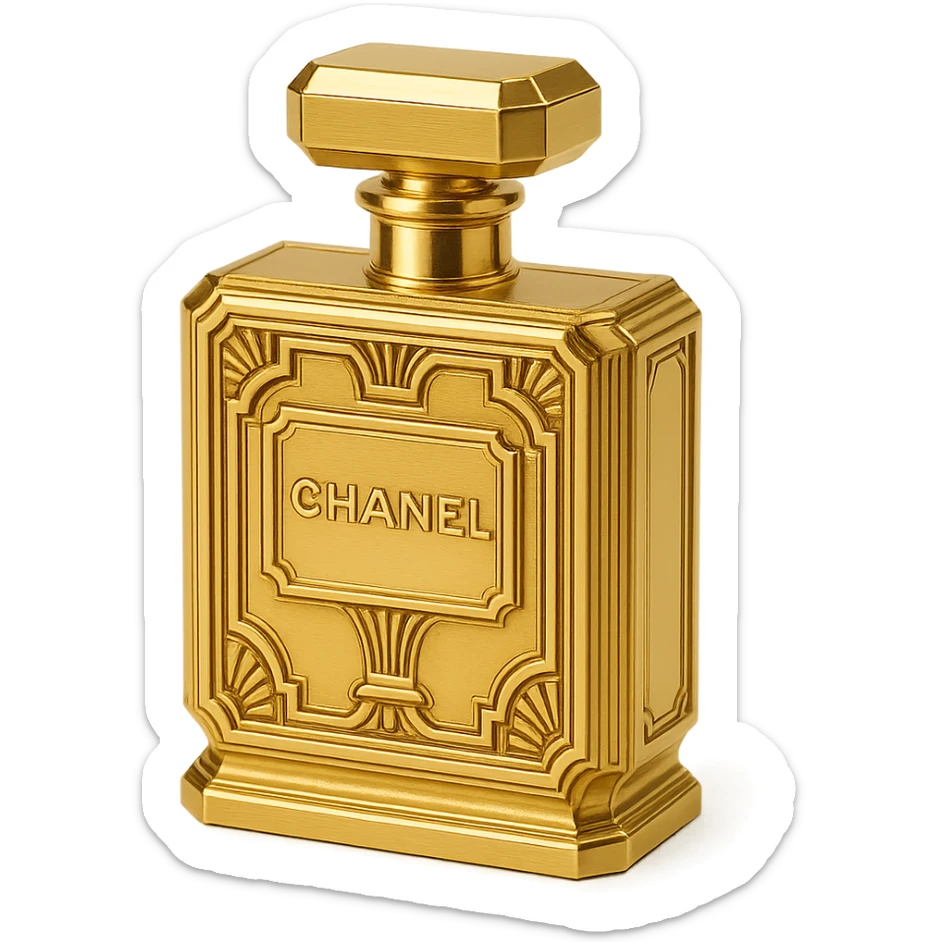 Chanel perfume bottle in a vintage art deco style, ornate gold and black design sticker