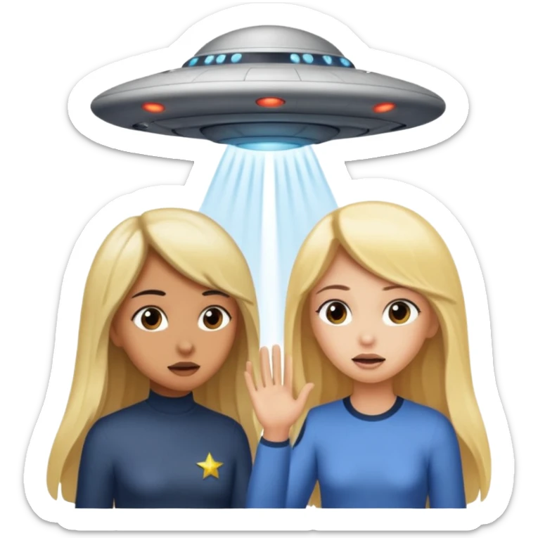 A girl with dark hair and a tan skin and a girl with long blonde hair getting sucked up by a ufo sticker