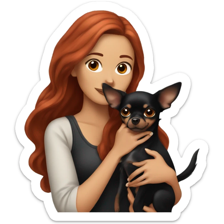 woman with long red hair and brown eyes holding all black Chihuahua  sticker