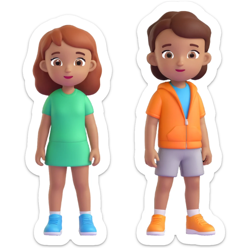 Slightly increase the volume of the upper body of the girl, separate the girl and the boy from each other, make the skin color the same for both. Keep the cartoonish 3D style. Background should remain transparent. sticker