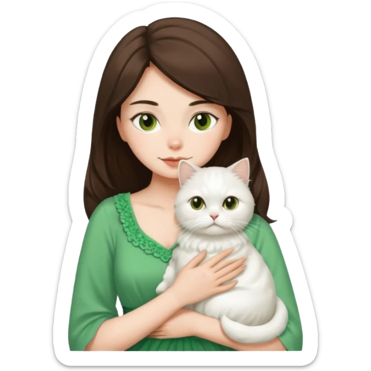 Brunette woman snuggling white Persian cat, wearing a green dress sticker