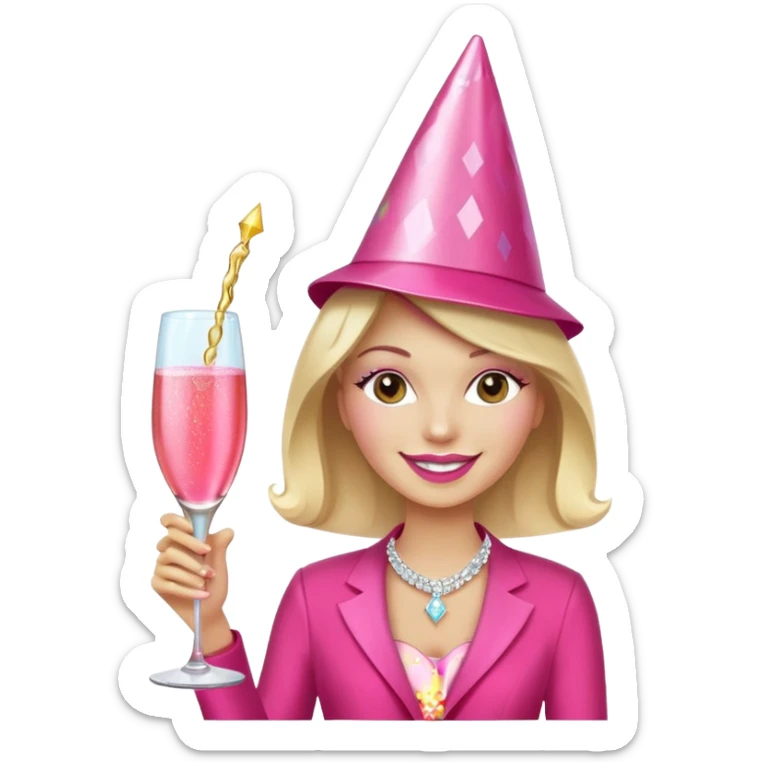 Realistic sparkling diamond glam hot pink champagne bottle with hot pink champagne in glass with strawberry ì> sticker