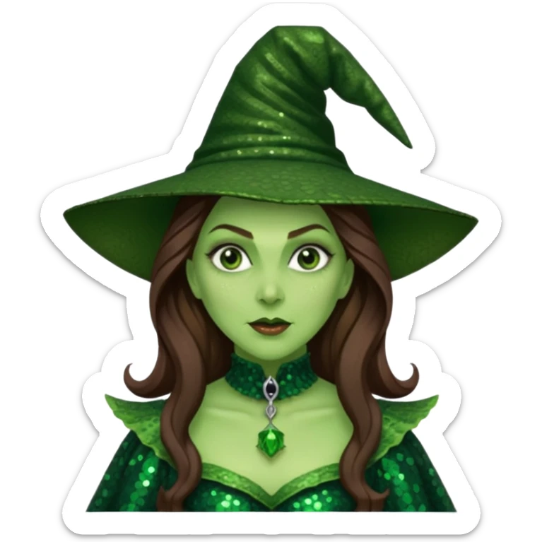 Wicked Witch of the West from the Wizard of Oz with long brown hair, dark green sequin outfit, green skin sticker