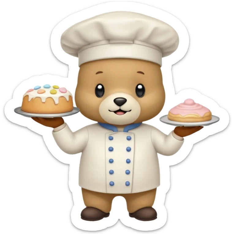 quiero un oso de pie con un delantal de pasteleria y un jorrito de chef que una mano tenga una manga oastlera sticker