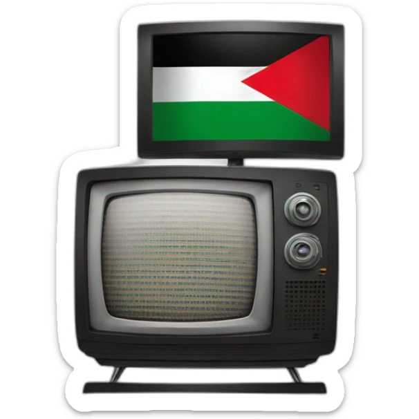 A TV is on the TV a picture with the flag of Palestine sticker