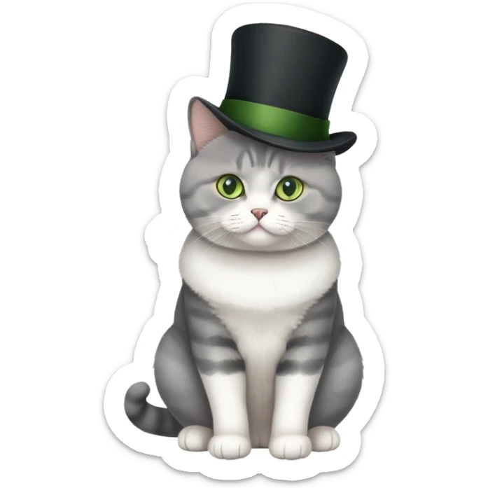 British Shorthair cat full body sitting with a top hat and green eyes sticker