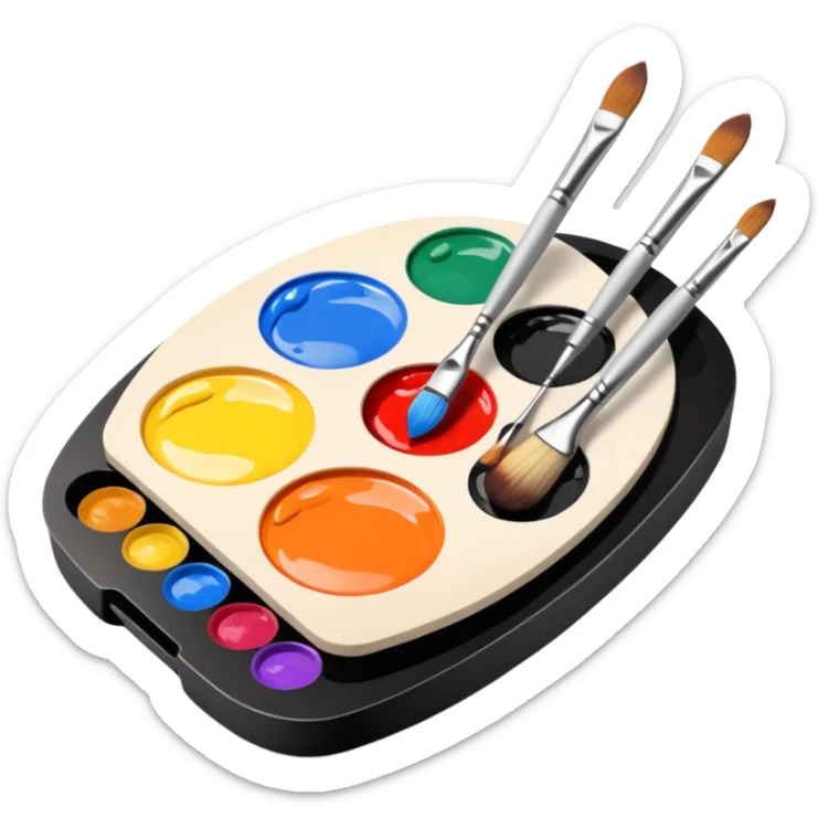 A palette of paints for the artist in the aesthetic style of minimalism and next to it three brushes in the same style sticker
