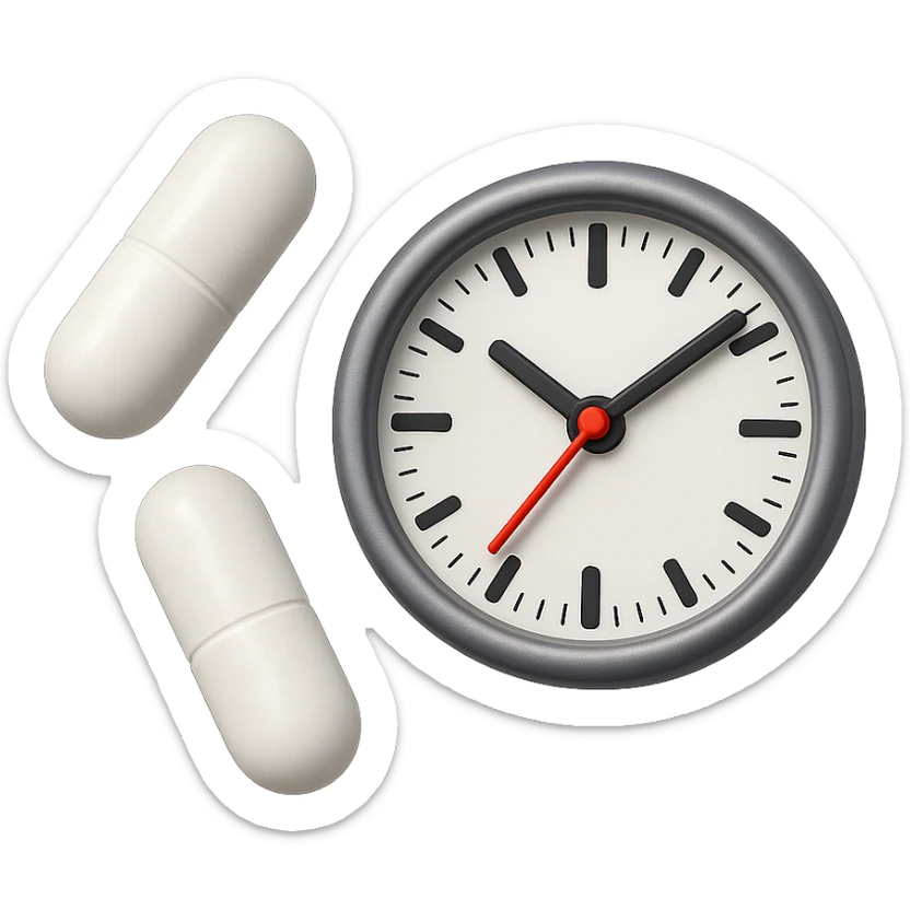 DUE BOCCETTE DI INTEGRATORI BIANCHE FLUTTUANO IN ARIA INSIEME AD UN OROLOGIO DA MURO IN STILE EMOJI IPHONE, IPERREALISTICA 4K sticker