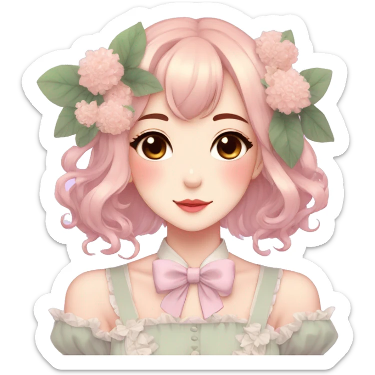 Gorgeous pastel anime style lady with blushing face and flowers and laces and bow ties and pretty hair aesthetic trending style sticker