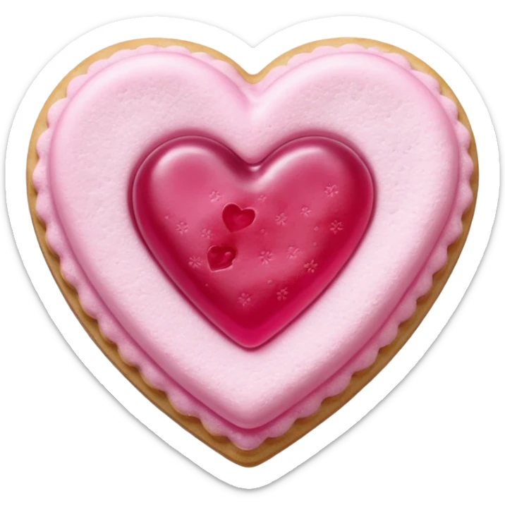 Realistic shortbread cookie in the shape of a heart with pink jelly middle filling and sprinkled powder sugar on top. sticker