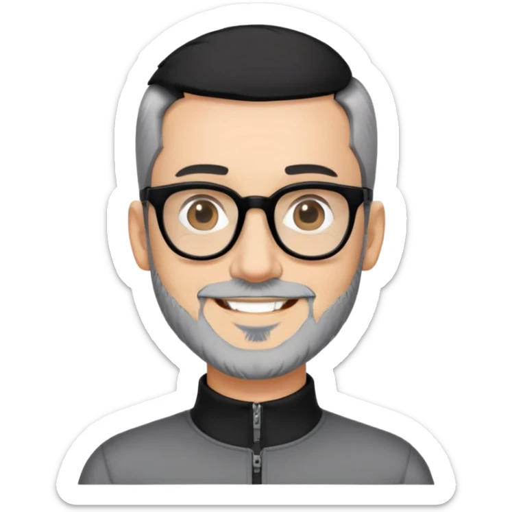 Man with light skin, black hair in near-buzz cut style (very minimal length), short peppered gray beard, large black-framed glasses, smiling face, black zip-neck long sleeve shirt sticker