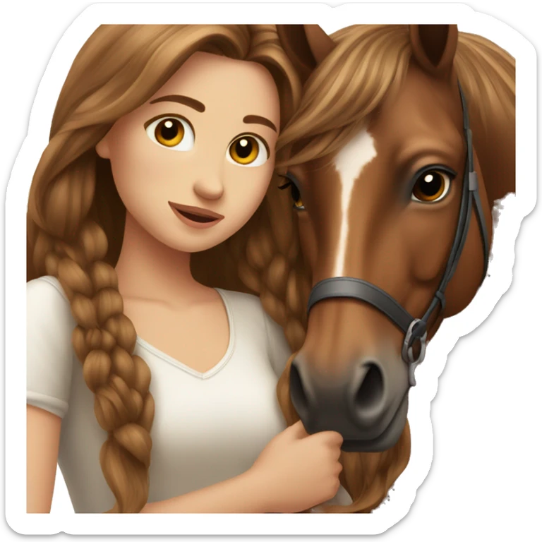 Beautiful Girl long brown hair hug her brown horse sticker