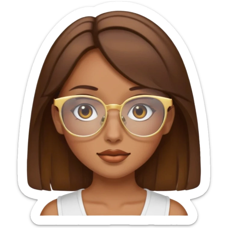 a girl with brown hair, slightly tanned skin and large square gold glasses sticker