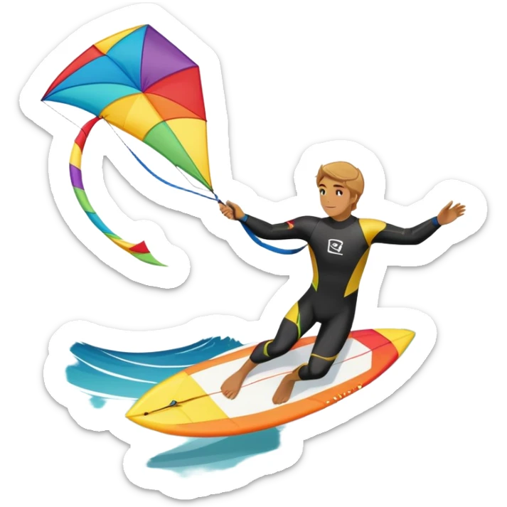 The scene captures the energy and freedom of the sport, with the sun shining and the ocean's waves splashing around. A kite surfer gliding across the ocean, with a colorful kite soaring high in the sky and the surfer carving through the waves.  sticker
