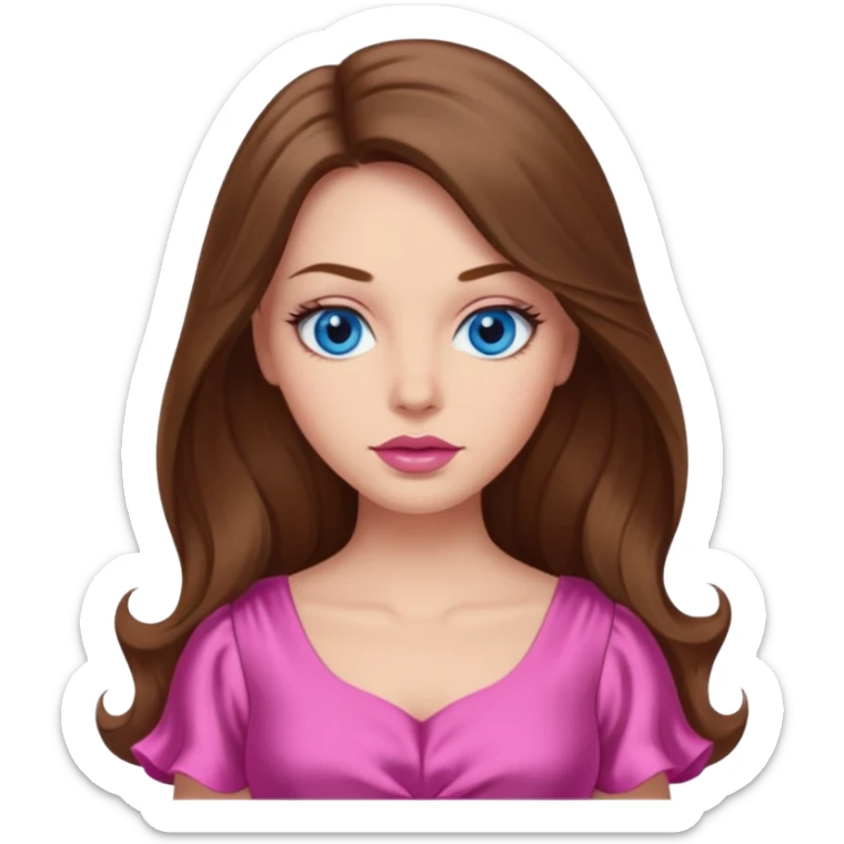 A woman has beige skin, long brown hair, blue eyes, plumb lips, she wears pink dress  sticker