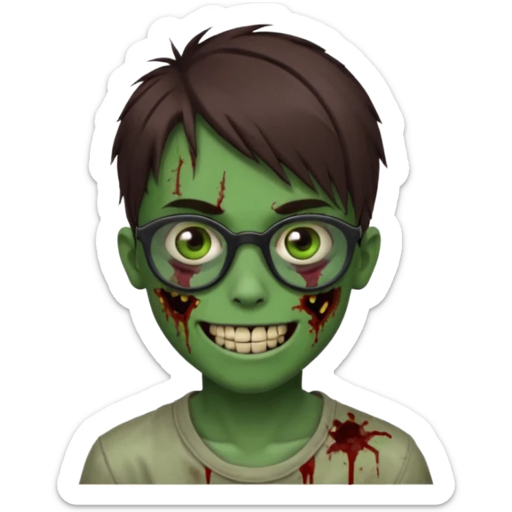 Zombie emo boy, green skin and brown hair and brown eyes, black glasses and a scary smile with a cut on the side, scars and blood under eyes sticker