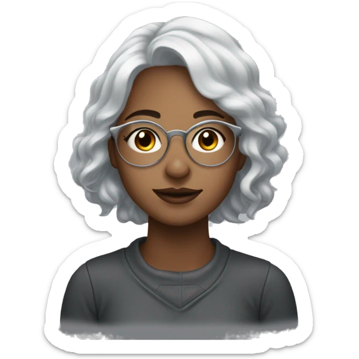 young woman with silver hair, silver glasses, brown eys, to moles on chin, freckles, pale sticker
