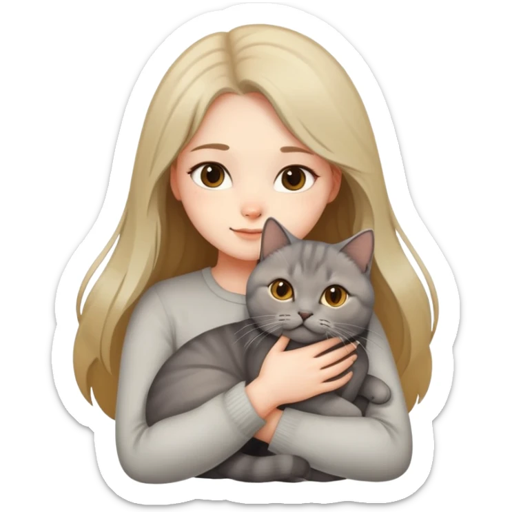 A long-haired girl hugs a British shorthair cat with a brown gradient to light yellow color sticker