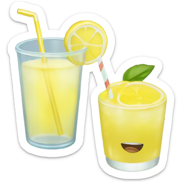 Yellow lemonade in a tumblr, with straw, and a slice of lemon on the rim of the tumbler sticker