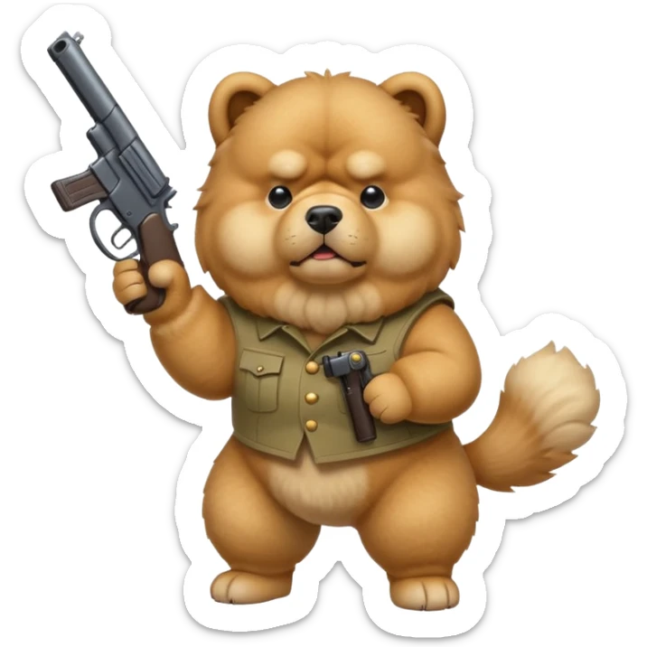 Funny cartoon-style chow chow dog with light fur standing on its hind legs and holding a gun menacingly sticker