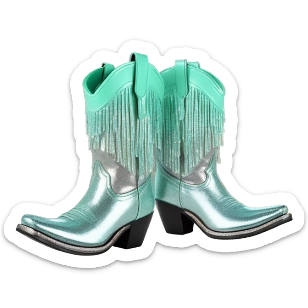 Realistic silver and mint green ombre pair of fashion cowgirl boots with sparkly shiny glitter fringe on them. sticker