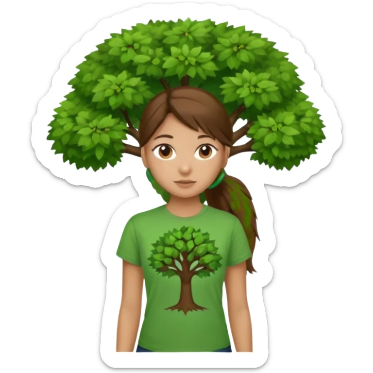 Make a zumba coach emoji, brown eyes, brown hair girl, long ponytail,green t shirt with a tree logo on It sticker