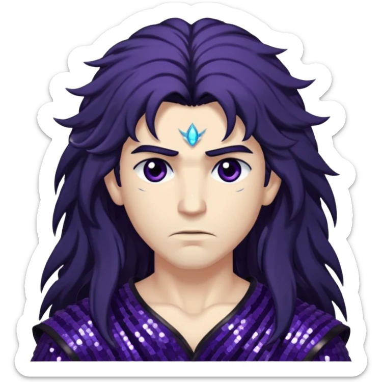 Boreas, God of North Wind from Gods and Goddesses with long black shaggy hair, dark purple sequin outfit sticker