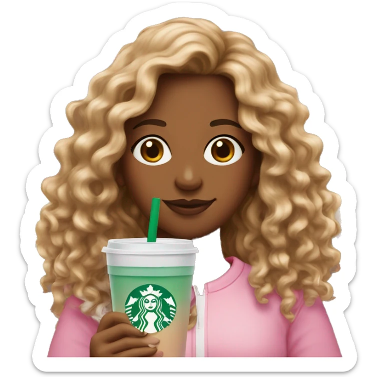 girl with brown and blonde ombré long curly hair holding Pink starbucks refresher sticker