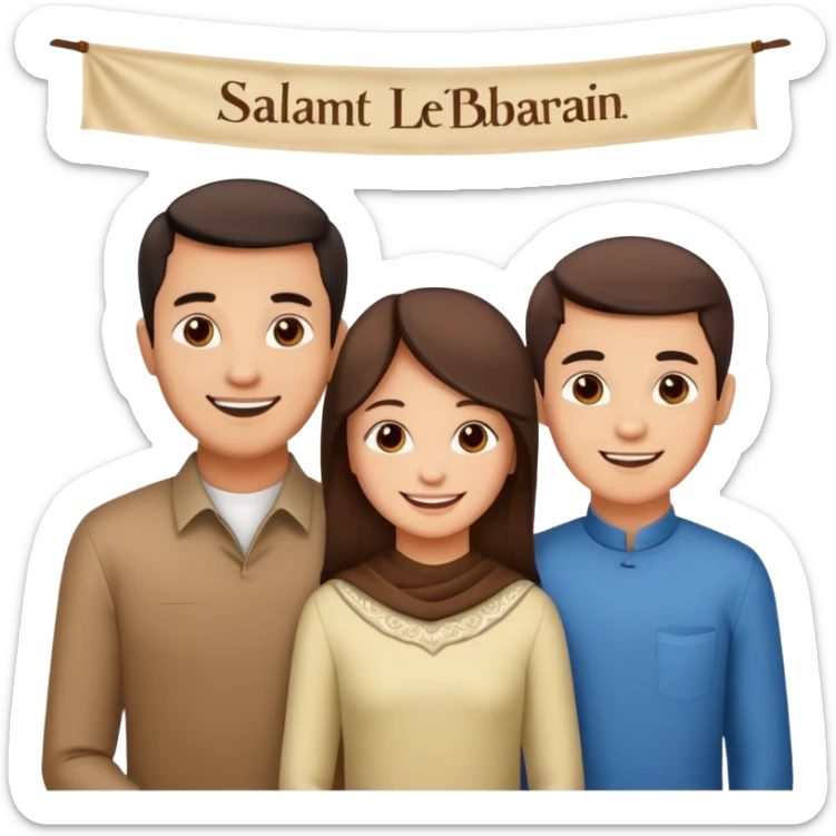 Lebaran. Keluarga terdiri dari Ayah, ibu, dua anak laki-laki dan yang paling kecil seorang anak perempuan. Tulisan : Selamat Lebaran  sticker
