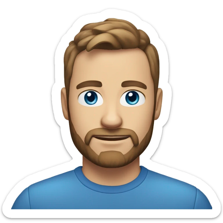 A head and shoulders shot of a 35 year old Caucasian man, with short brown hair, with beard facial hair,   with blue eyes wearing a t-shirt. sticker