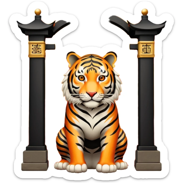 Traditional Chinese ink painting style emoji. A powerful tiger (like the ancient character 虎), standing guard in front of mystical gates (門). Energy swirls around him like a vortex (🌀). Minimalist, transparent background, 512x512 pixels. sticker