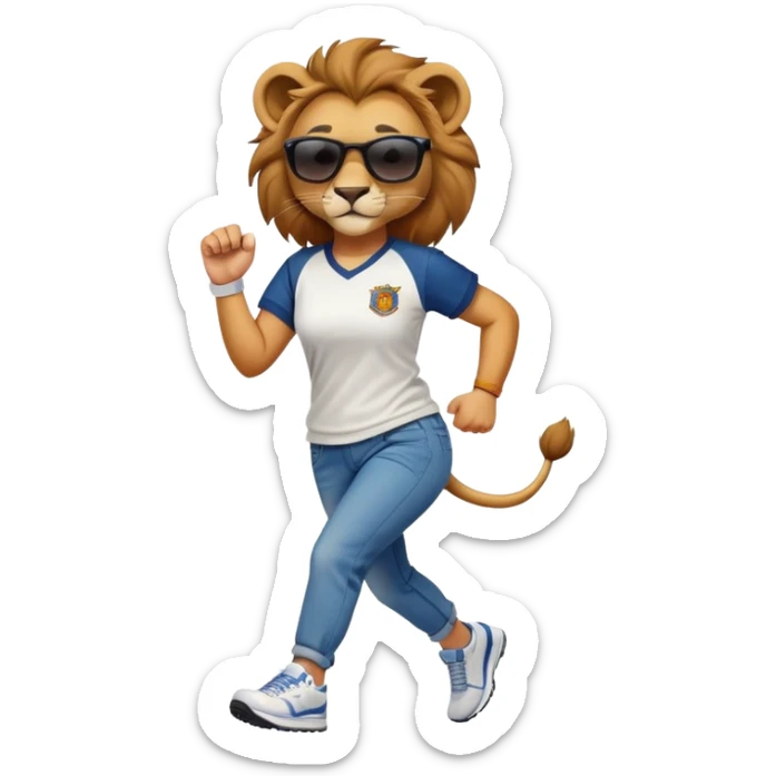 confident female lion jogging upright wearing baseball shirt, jeans, trainers, dark sunglasses, friendly expression sticker