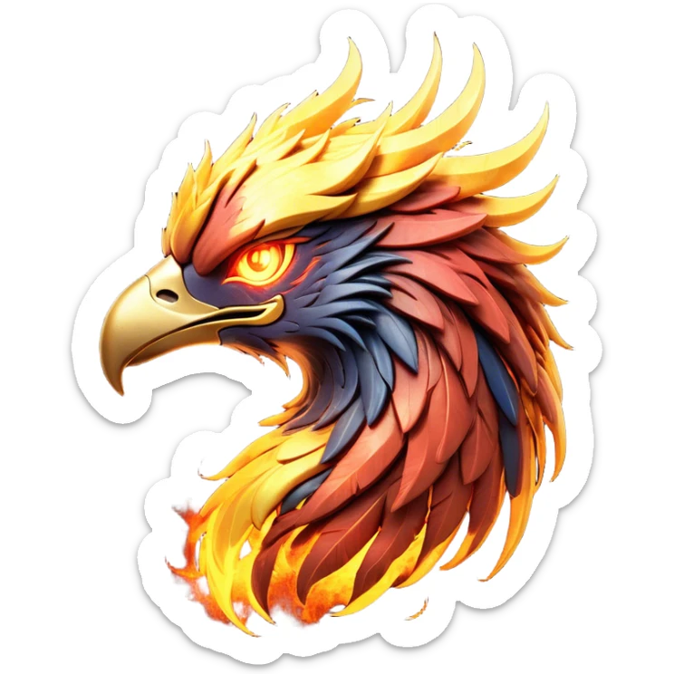 Cinematic Battle-Hardened Mystical Fire Phoenix Portrait Emoji, head bowed slightly in a moment of raw resilience, revealing a form etched with the wear of relentless conflict. Ragged, scorched plumage and half-closed, determined eyes speak to battles fought and won. Rendered with authentic detail and dramatic natural light that accentuates every scar and burn, high shine, this portrayal blends vulnerability with hardened strength, outlined in a soft glow that captures the essence of a phoenix tempered by the fires of combat. sticker