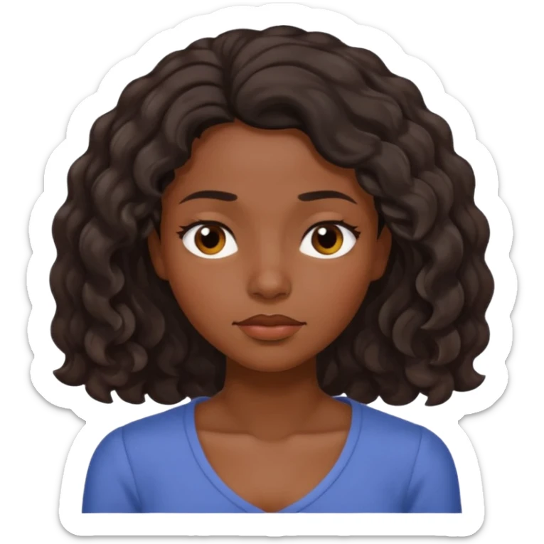 Sleepy face dark brown skin color black women wavy hair shoulder length small eyes sticker