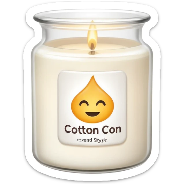 minimal flat emoji of a white scented candle in a glossy white glass jar with the label “cotton”, soft warm glow, clean vector style, elegant and modern, transparent background sticker