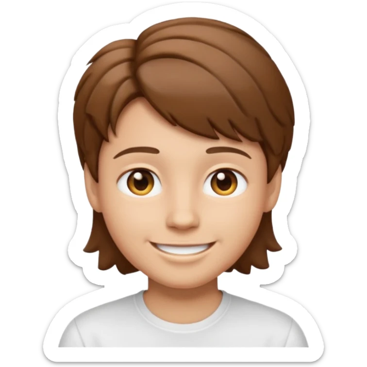 face emoji inspired by a person with short tousled brown hair, smiling, light skin, wearing a white shirt sticker