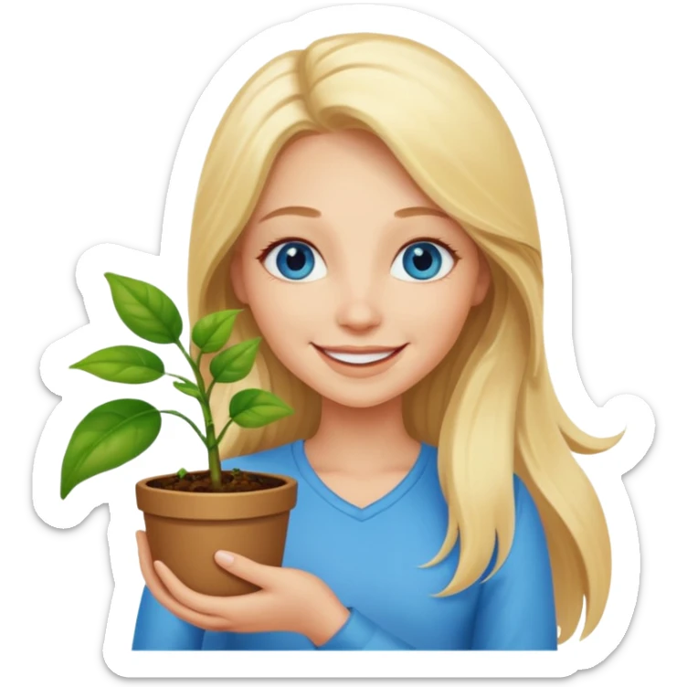 Happy Woman with long blonde hair and blue eyes holding happy plant sticker