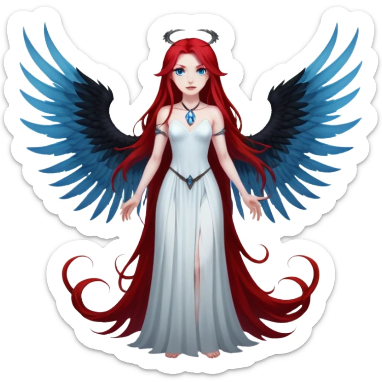 full body portrait of an extremely diabolical girl with pale white skin, massive towering wings, very long flowing blood red hair, glowing blue eyes, black hellfire aura, completely plain head with no accessories or features except hair, evil grin, no necklace sticker
