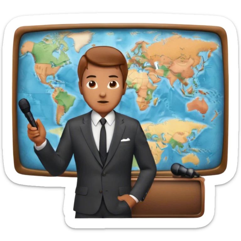 Icon for Documentary Film (TV style): A large vintage TV screen with a serious-looking host standing in front of a map. The host holds a microphone, and the map displays historical or geographical information. Retro TV broadcast style. Transparent background. sticker