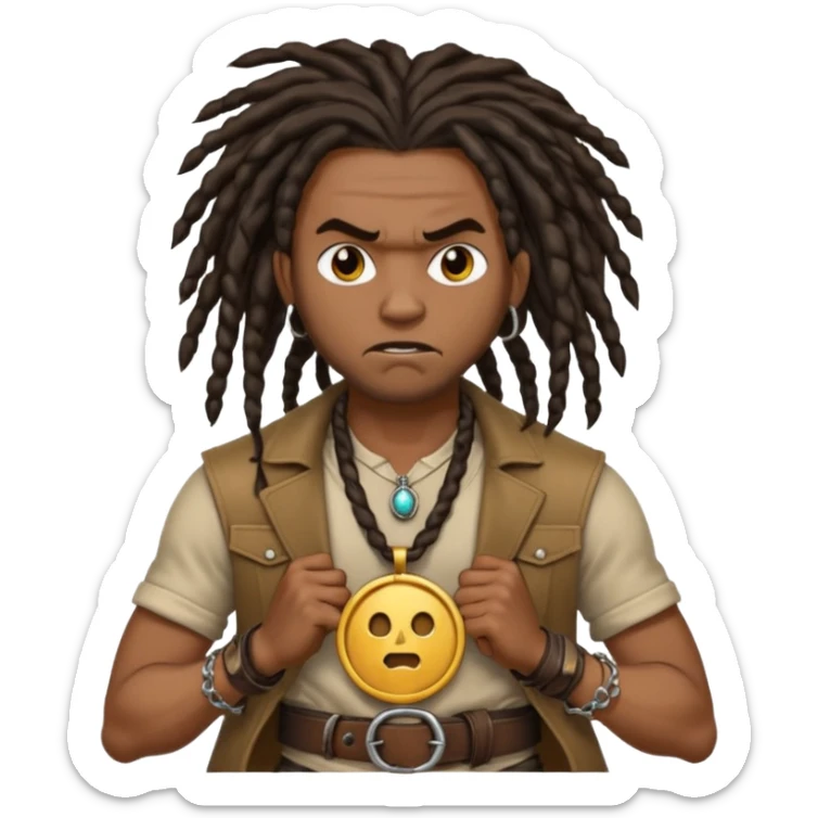 a angry black man with dreads and a circle pendant chain to the side slanging back and forth a belt sticker