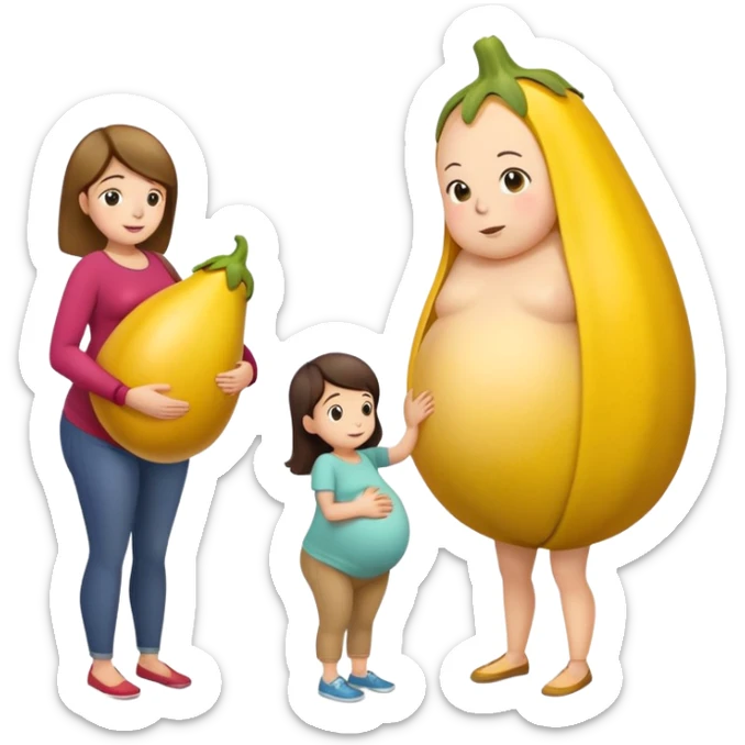 yellow eggplant on top of a pregnant person, with a bowing person turned to the side sticker