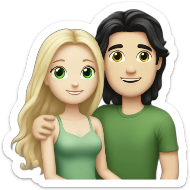 A white girl with long black hair and green eyes hug a tall white boy with blond hair   sticker