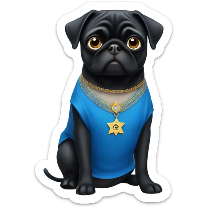 Black pug in a blue dress with a Jewish star on the dress sticker