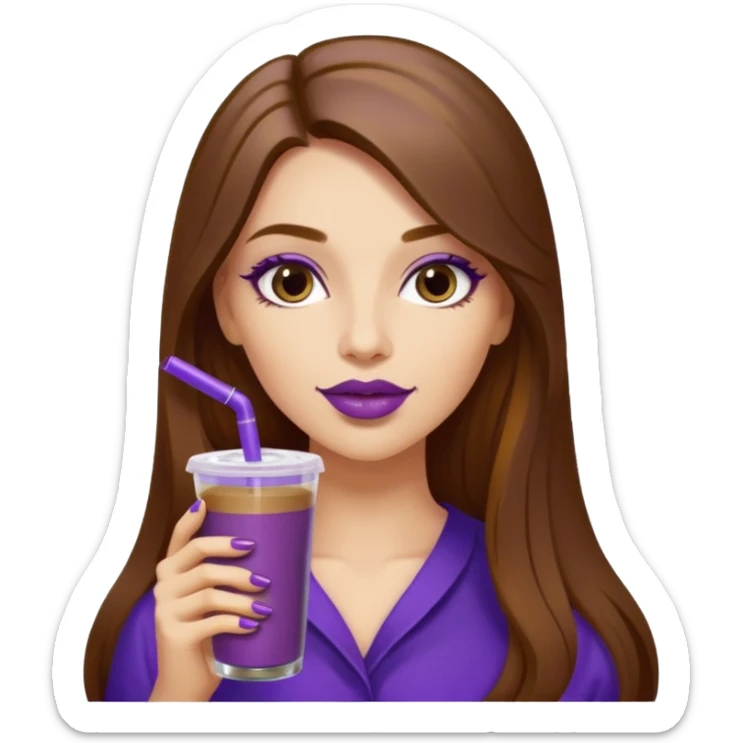 girl with long brown hair, wine lipstick, gold nails, drinking a blueberry butter pecan iced coffee with a purple straw  sticker