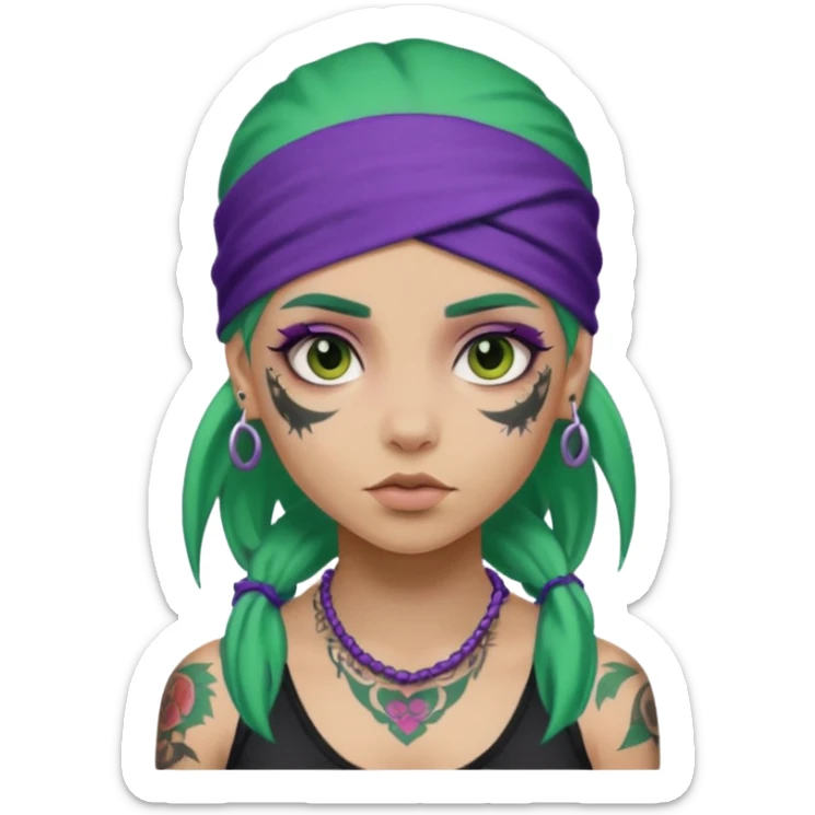 green hair with purple head bandana and lots of face tattoo girl sticker