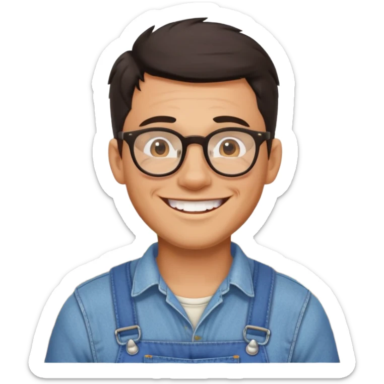 smiling dark-haired man with glasses, big teeth, standard male haircut, rural farmer sticker
